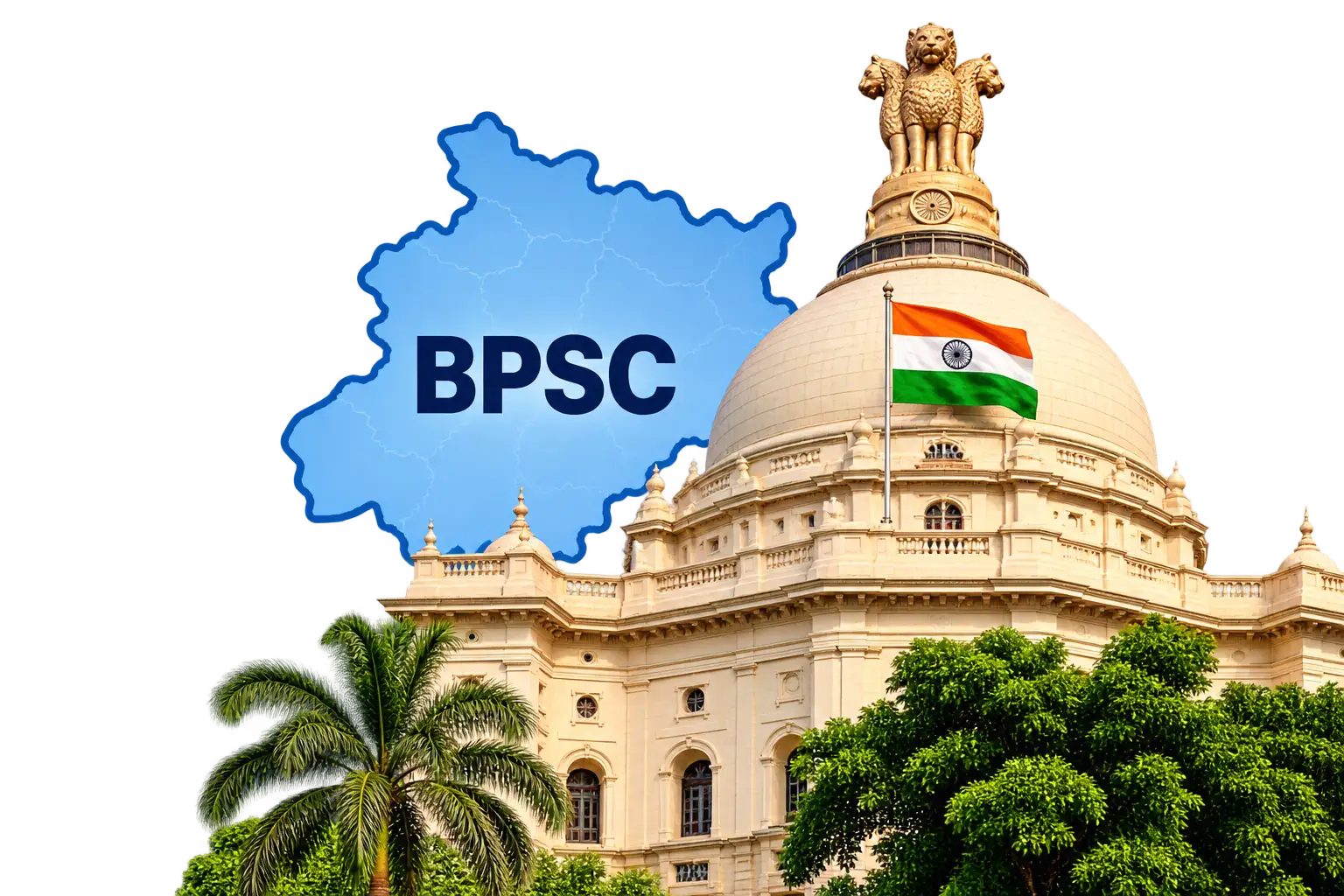 BPSC preparation illustration featuring Bihar map, the Indian flag and a domed government building
